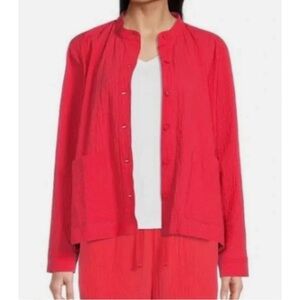 EILEEN FISHER Mandarin Collar Organic Cotton Pucker Jacket in Watermelon - XS